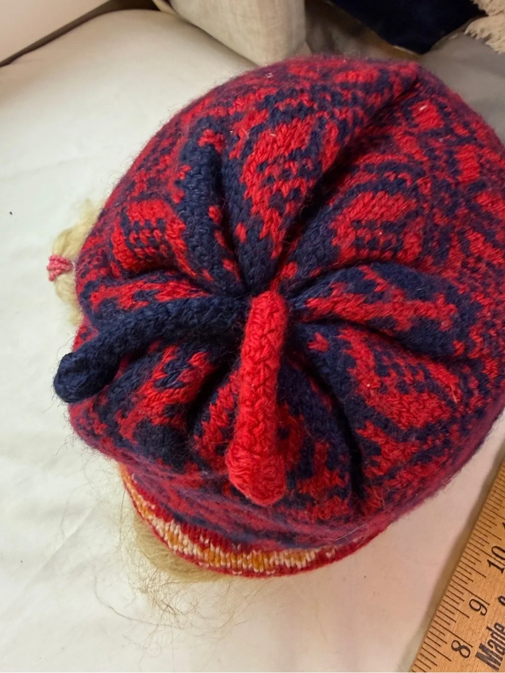 Children's Red & Navy Patterned Knit Beanie with Stripe Trim